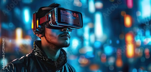 Man immersed in modern virtual world wearing VR goggles amidst city illuminated by vibrant neon lights intersection of technology and innovation futuristic cyber realities meet everyday life © Wuttichai