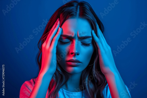 Portrait of a young woman suffering from headache on blue background
