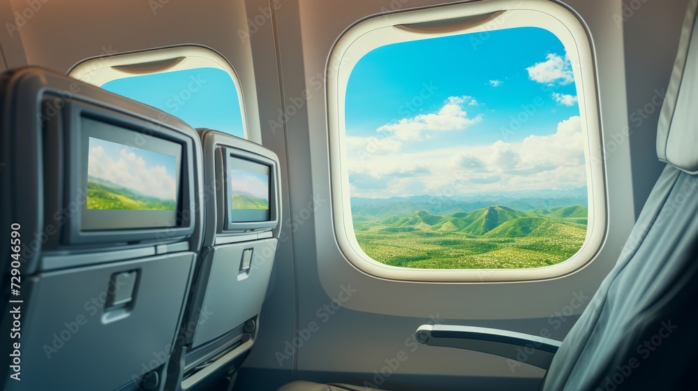 Airplane seat back screen with a green field on display, serene sky outside the window