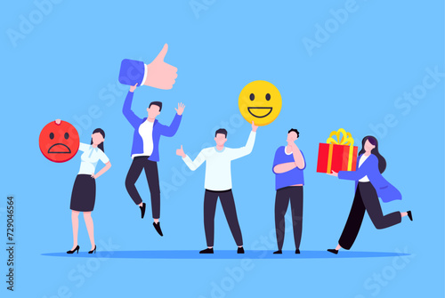 Employee feedback work satisfaction survey business concept flat vector illustration. Employee or customer feedback rating opinion with people and social icons - thumb, smile emoji, stars and heart.