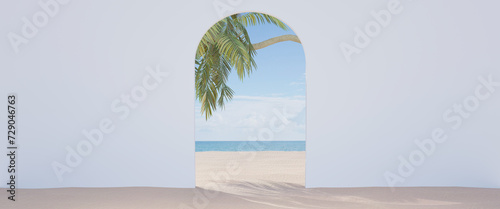 Palm trees sway gently on a sandy beach beside the sparkling ocean, creating a serene tropical paradise