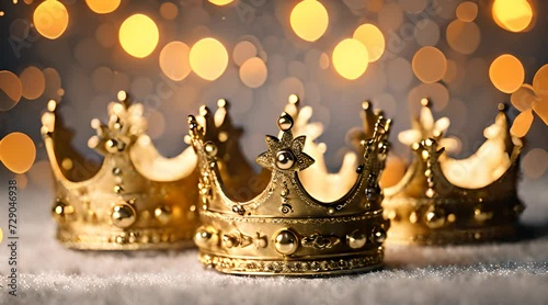 Three sparkling golden crowns signify luxury. Gold particle background  photo
