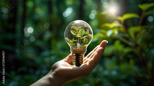 Hand holding a light bulb in green forest photo