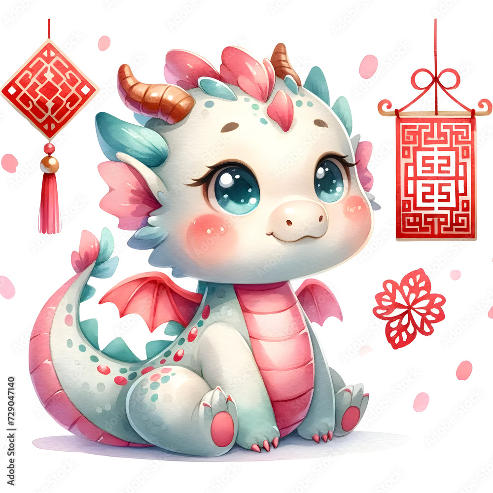 Naklejka premium Adorable Dragon Celebrates Chinese Culture with Happiness Knot