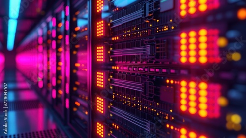 The intense red LED lights cast a glow on the high-capacity server racks within the data center, offering a perspective view that symbolizes digital power and the storage of vast amounts of data. © Fostor