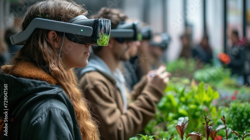People are engaging with virtual reality experiences in a public setting, wearing VR headsets, exploring digital environments overlaid on the physical world. #729047561