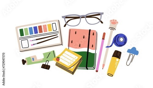 Stationery supplies, art tools, accessories, top view. Sketchbook, paint, brush, glasses composition. Notebook, pen, paper note, tape, eyeglasses. Flat vector illustration isolated on white background