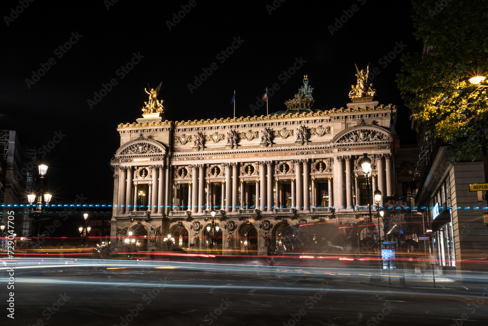 Famous Paris Opera at Night, lights of the traffic leading around
