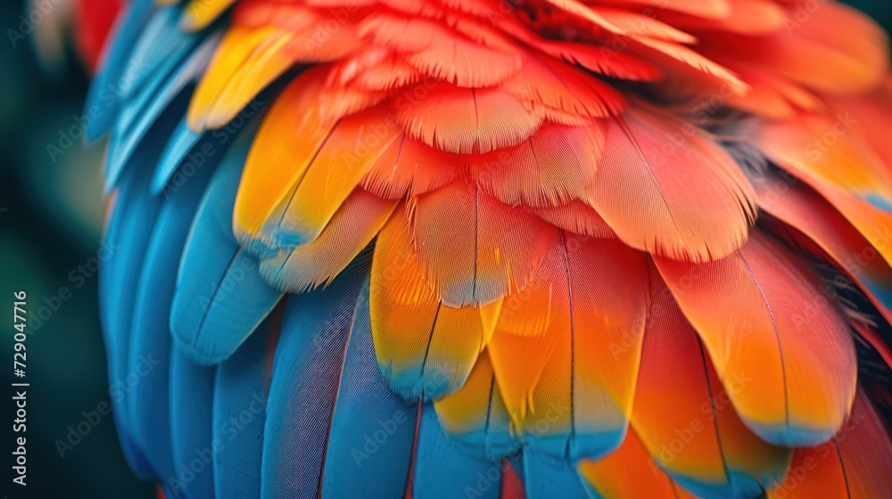 Fototapeta premium A close-up view of the brilliantly colored feathers of a macaw parrot, showcasing a spectrum of vibrant reds, blues, and yellows with exquisite detail.