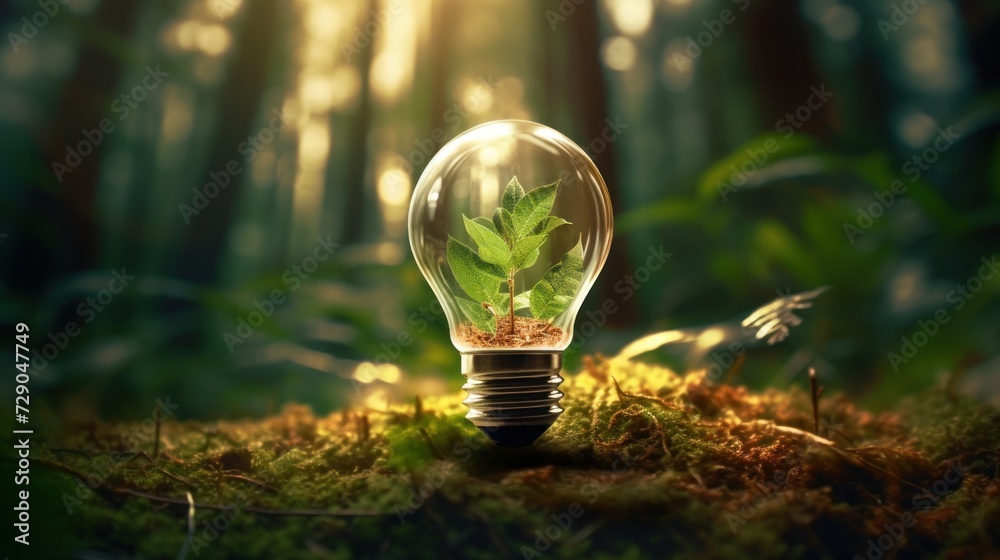Eco friendly lightbulb glowing light with green forest inside with nature background, Green Energy - obrazy, fototapety, plakaty 