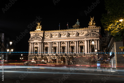 Famous Paris Opera at Night, lights of the traffic leading around