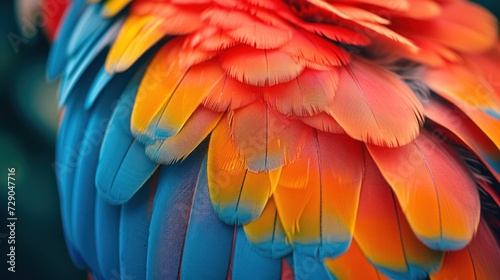 A close-up view of the brilliantly colored feathers of a macaw parrot, showcasing a spectrum of vibrant reds, blues, and yellows with exquisite detail. © Fostor