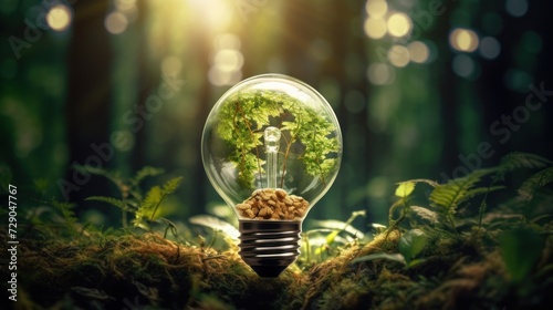 Eco friendly lightbulb glowing light with green forest inside with nature background, Green Energy