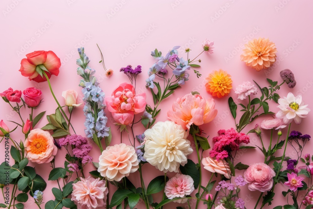 Floral composition on a pink background, space for text, concept of Valentine Day, Mother Day, Women Day, wedding day Floral composition on a pink background, space for text, concept of Valentine Day, Mother Day, Women Day, wedding day