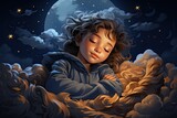 A girl sleeping on the background of the moon, an illustration, A beautiful poster for a children's room or bedroom. Children's Greeting Card, Generate Ai