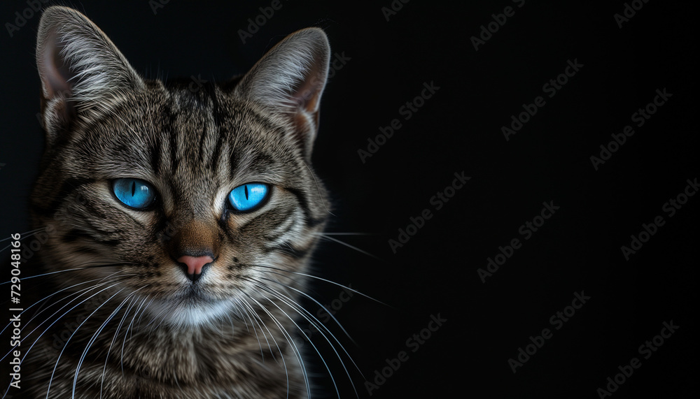 A tabby cat with mesmerizing blue eyes and distinct fur patterns looks intently at the camera, set against a stark black background