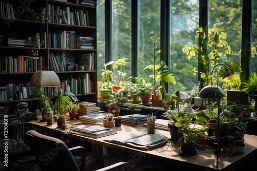 Office room with lots of plants and books