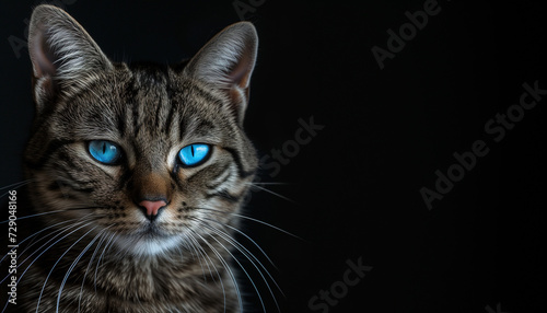 A tabby cat with mesmerizing blue eyes and distinct fur patterns looks intently at the camera, set against a stark black background © Seasonal Wilderness