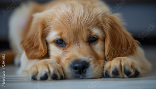 A young golden retriever puppy with soulful eyes lies on the floor