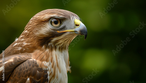 close-up portrait of a hawk with a sharp gaze and detailed brown and cream plumage, set against a soft green blurred background