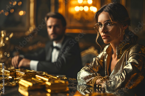 business successful couple in the office among gold bars. wealth and financial wealth of the rich photo
