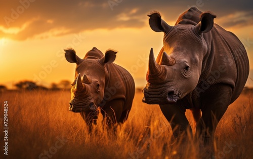 Sunlit Meadow Grazing Rhinoceros Serenity