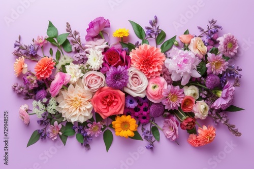 Floral composition on a purple background, concept of Valentine Day, Mother Day, Women Day, wedding day