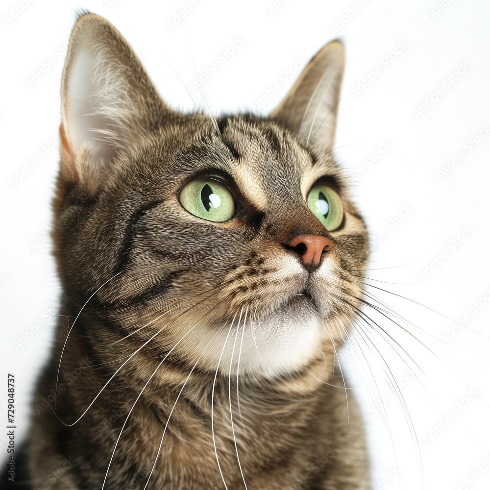 Close-up image of a curious tabby cat with bright green eyes