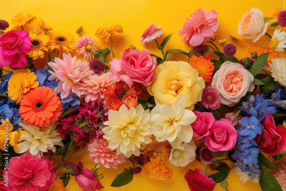 Floral composition on a yellow background, space for text, concept of Valentine Day, Mother Day, Women Day, wedding day