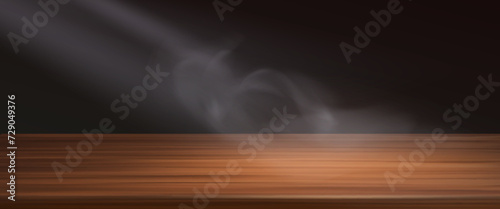 Brown wood 3d table top with steam or smoke on black background. Foreground view on desk with wood texture surface for goods display. Realistic vector of empty office or kitchen furniture.
