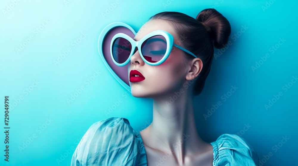 A model posing with sunglasses forming a heart shape A model posing with sunglasses forming a heart shape