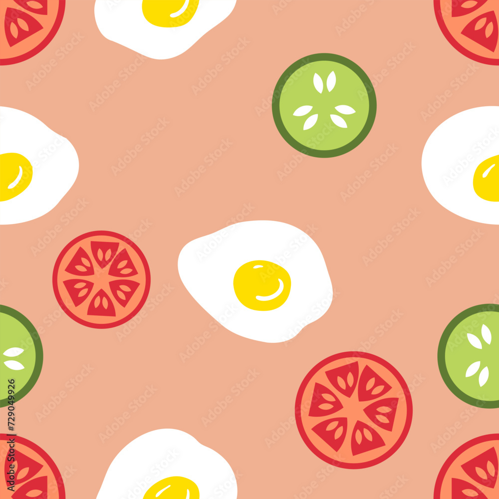 Balanced Breakfast seamless pattern with fried eggs, cucumber and tomato slices. Perfect print for paper, fabric, textile. Hand drawn vector illustration. Balanced Breakfast seamless pattern with fried eggs, cucumber and tomato slices. Perfect print for paper, fabric, textile. Hand drawn vector illustration.