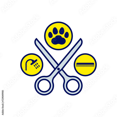 Dog grooming. Dog paw print with scissors and comb. Color vector drawing. Isolated illustration on white background.	