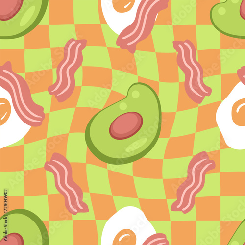 Fried eggs with bacon slices and avocado on trippy grid seamless pattern. Scramble Royale design for any purposes. Hand drawn vector illustration.