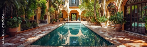 Backyard with small beautiful swimming pool  hot tub  patio area  chairs and basketball hoop