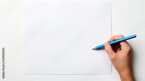 Hand draws on blank paper with a blue pencil, against a white backdrop.