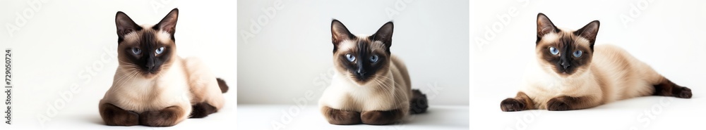 A regal Siamese cat posing gracefully on a white background