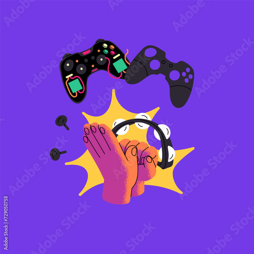 Electronics fix service concept. Serviceman repairs damaged remote control device. Broken joystick disassembled into pieces. Troubleshooting of console controller. Flat isolated vector illustration