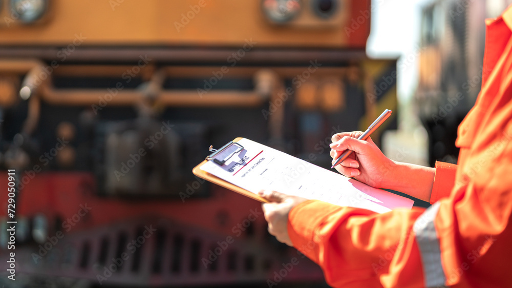 A service technician is checking on heavy machine maintenance checklist, with an ancient train locomotive head as blurred background. Transportation industrial working scene, selective focus at hand. - obrazy, fototapety, plakaty 