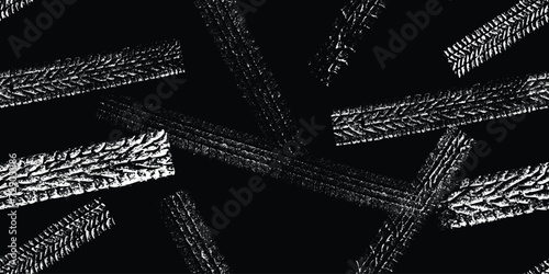 Tire track seamless pattern. Grange tread marks .Grunge textured vector car tread . Car trails endless pattern texture. Tyre track seamless texture. Wheel tire tread track background