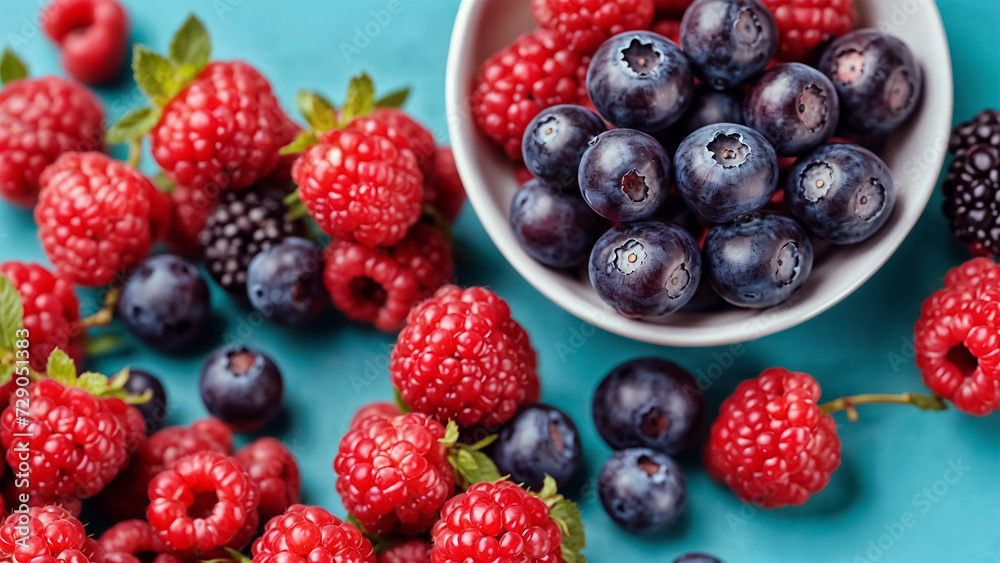 a blue surface. There are multiple raspberries, blueberries, and blackberries, with some leaves still attached. a blue surface. There are multiple raspberries, blueberries, and blackberries, with some leaves still attached.