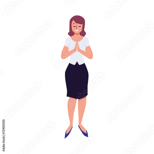 Praying young woman putting palms together, religious person praying to God feeling superstitious vector Christian faith