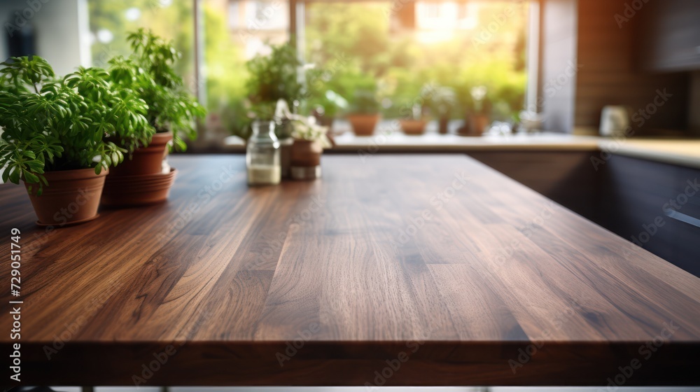 Bare wooden table is showcased in the kitchen, accented by lively green plants in the foreground. Bare wooden table is showcased in the kitchen, accented by lively green plants in the foreground.