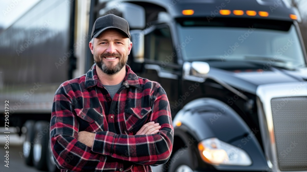 Happy confident male driver standing in front on his truck and looking at camera Happy confident male driver standing in front on his truck and looking at camera