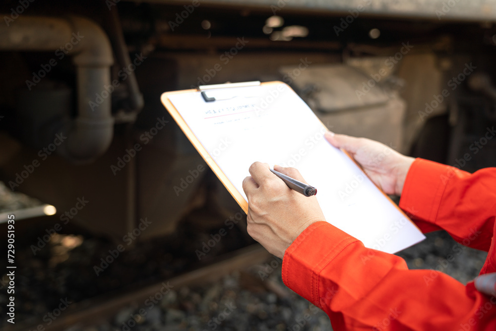 	
Action of a mechanic engineer is checking on heavy machine checklist form to verify the quality of maintenance service, with train locomotive part as blurred background. Industrial working scene. - obrazy, fototapety, plakaty 