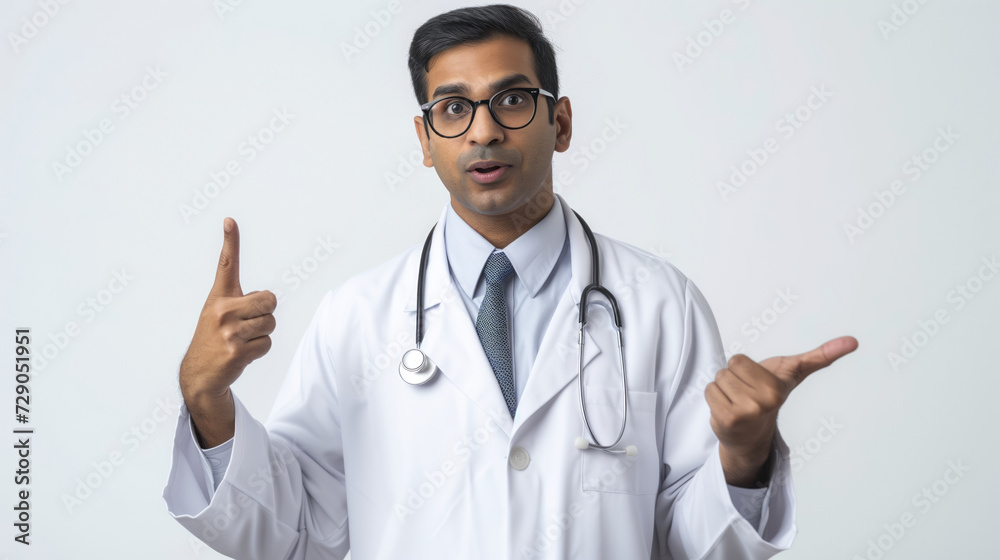 Expert medical professional indian male doctor, surprise, pointing towards a health-related concept