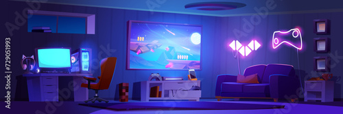 Room interior with setup to play video game and stream at night. Cartoon dark house inside with gamer computer and headphones, big tv on wall and console with gamepad, bright neon sign of joystick.