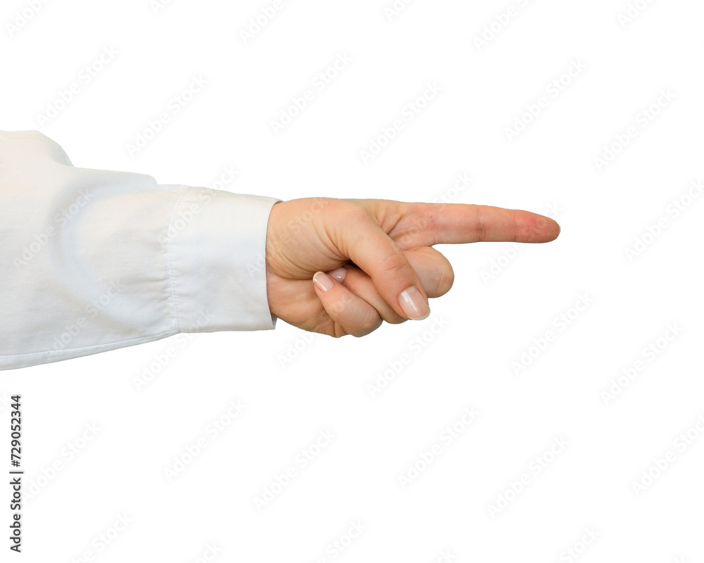 A hand in a white shirt points with a finger on transparent background A hand in a white shirt points with a finger on transparent background