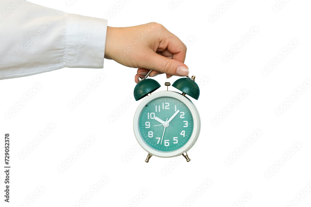 Hand holding a classic alarm clock on transparent background Hand holding a classic alarm clock on transparent background