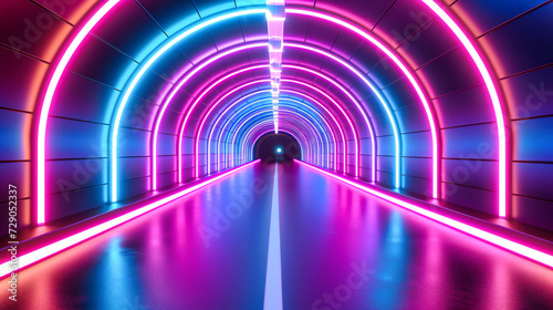 Futuristic Neon Tunnel, Bright Blue and Pink Lights in a Modern Corridor, Abstract Interior Design